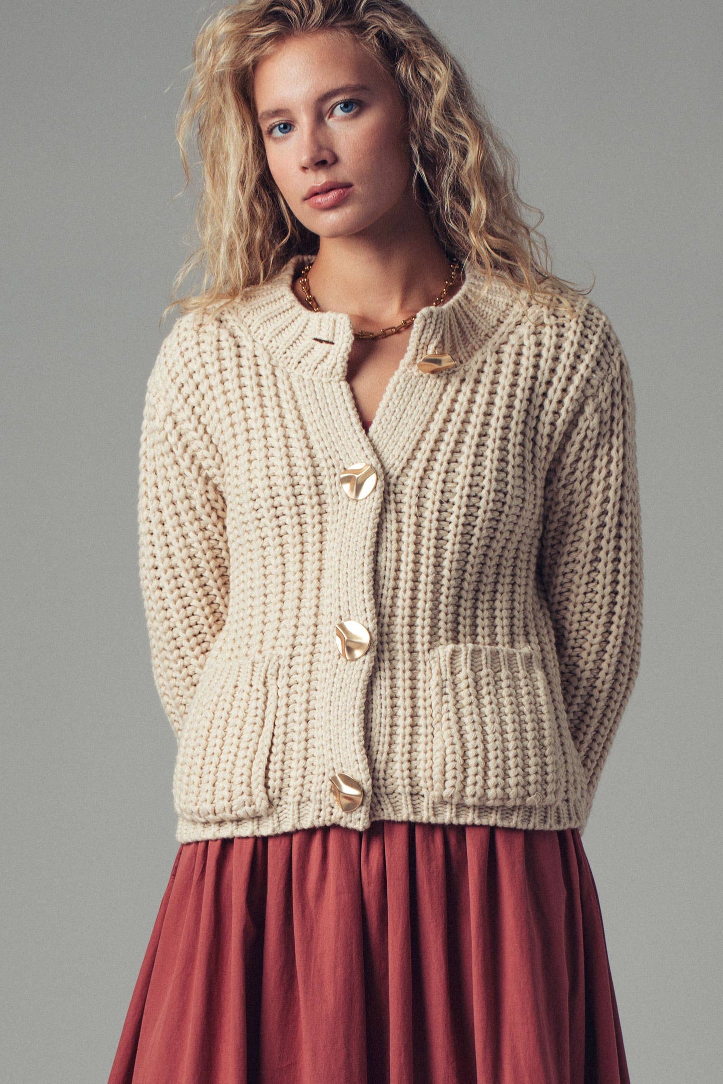 Chunky Gold Button Ribbed Knit Cardigan