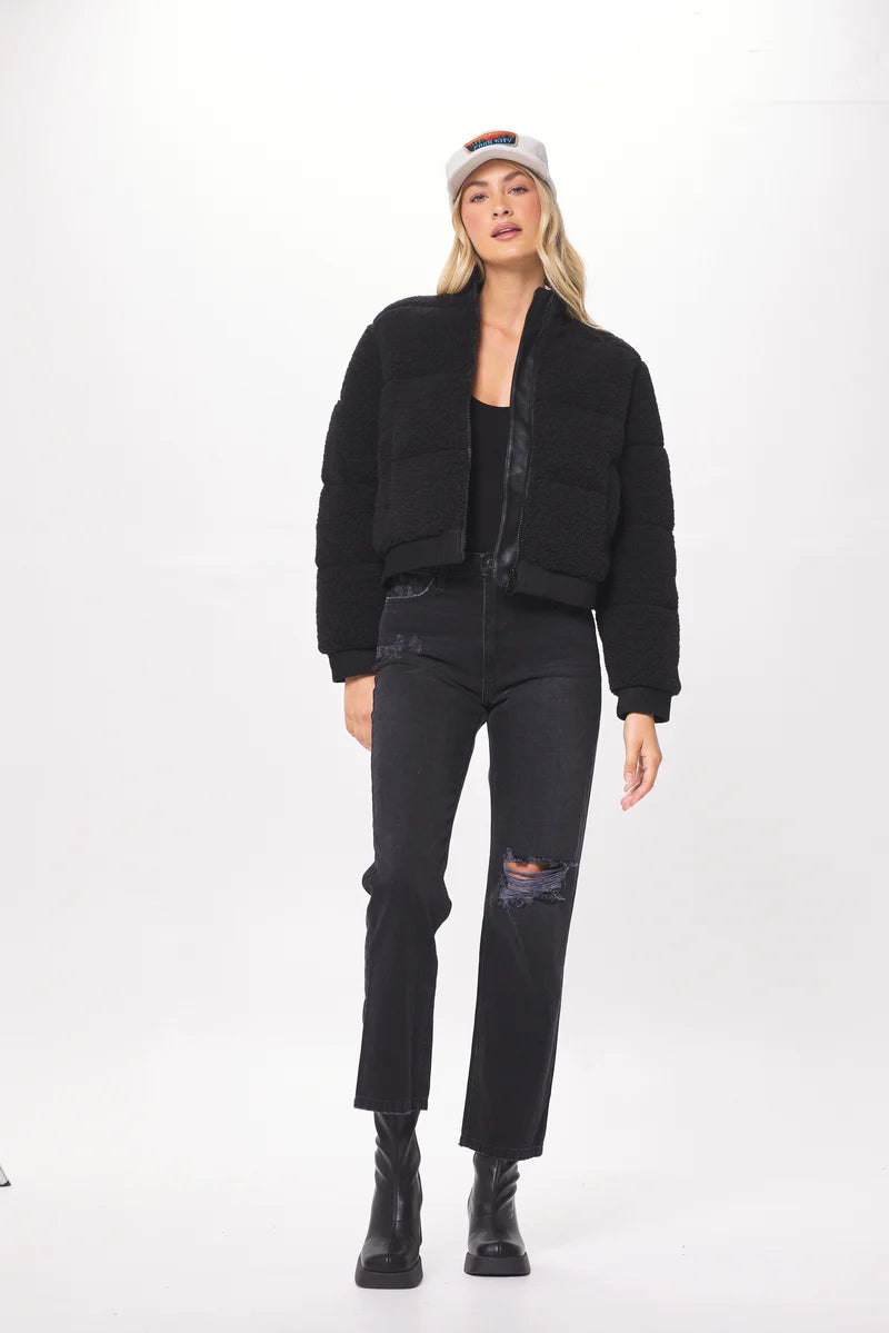 Black Sherpa Suede Bomber Jacket