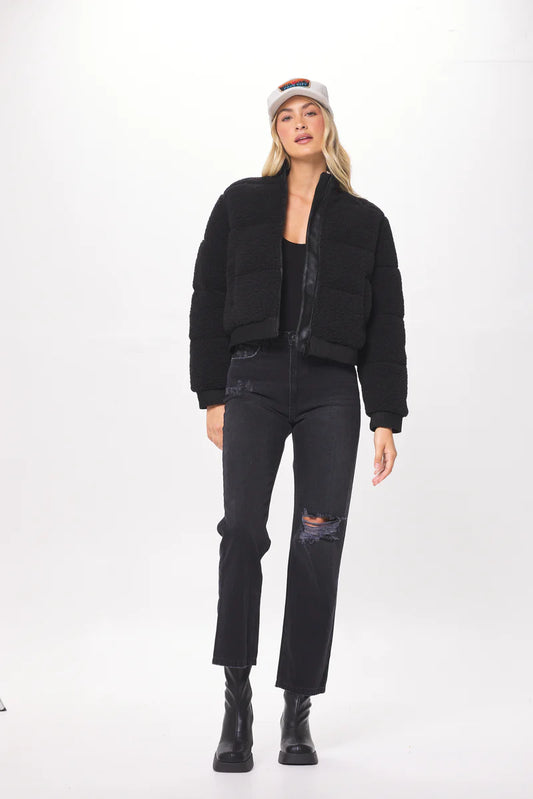 Black Sherpa Suede Bomber Jacket