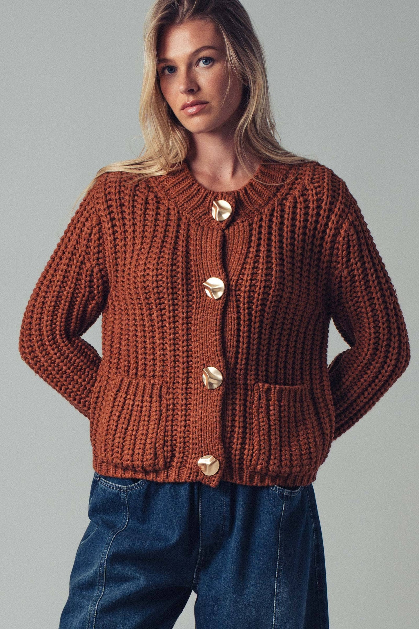Chunky Gold Button Ribbed Knit Cardigan