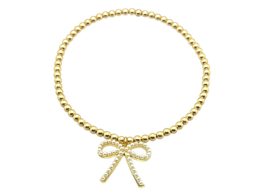 FWP BOW" CHARM GOLD FILLED & PEARL BEADED BRACELET