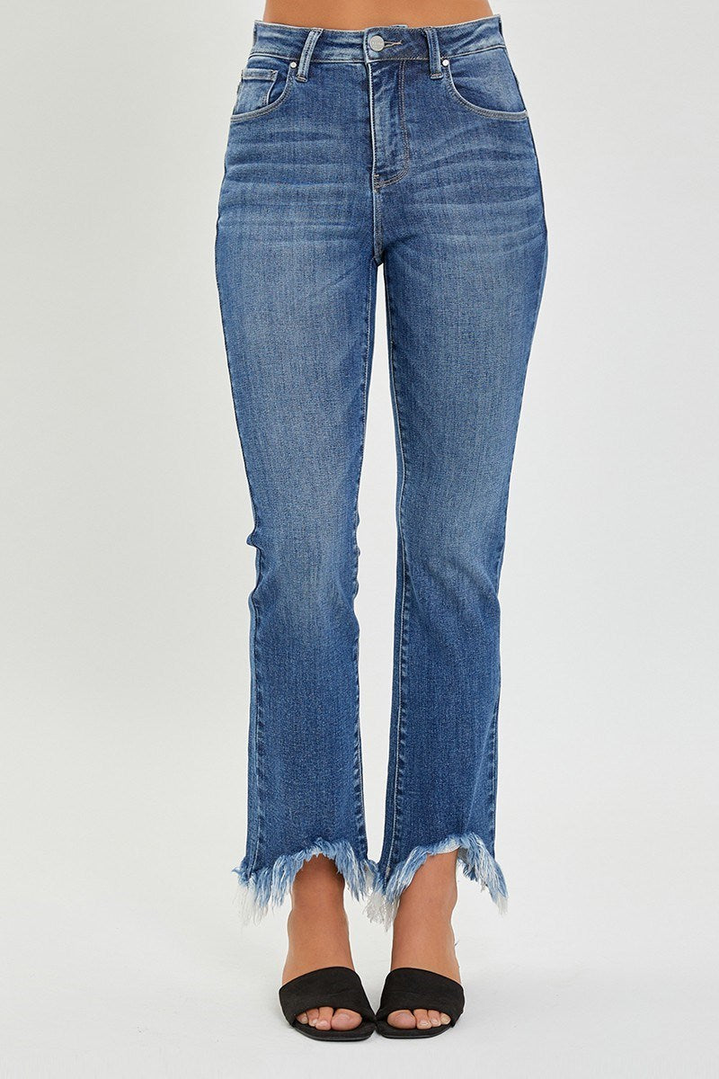 HIGH RISE FRAY HEM ANKLE BOOTCUT JEANS