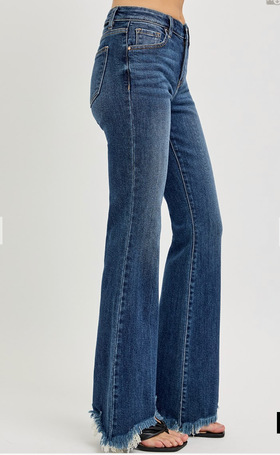 MID RISE FLARE FRAYED HEM JEANS