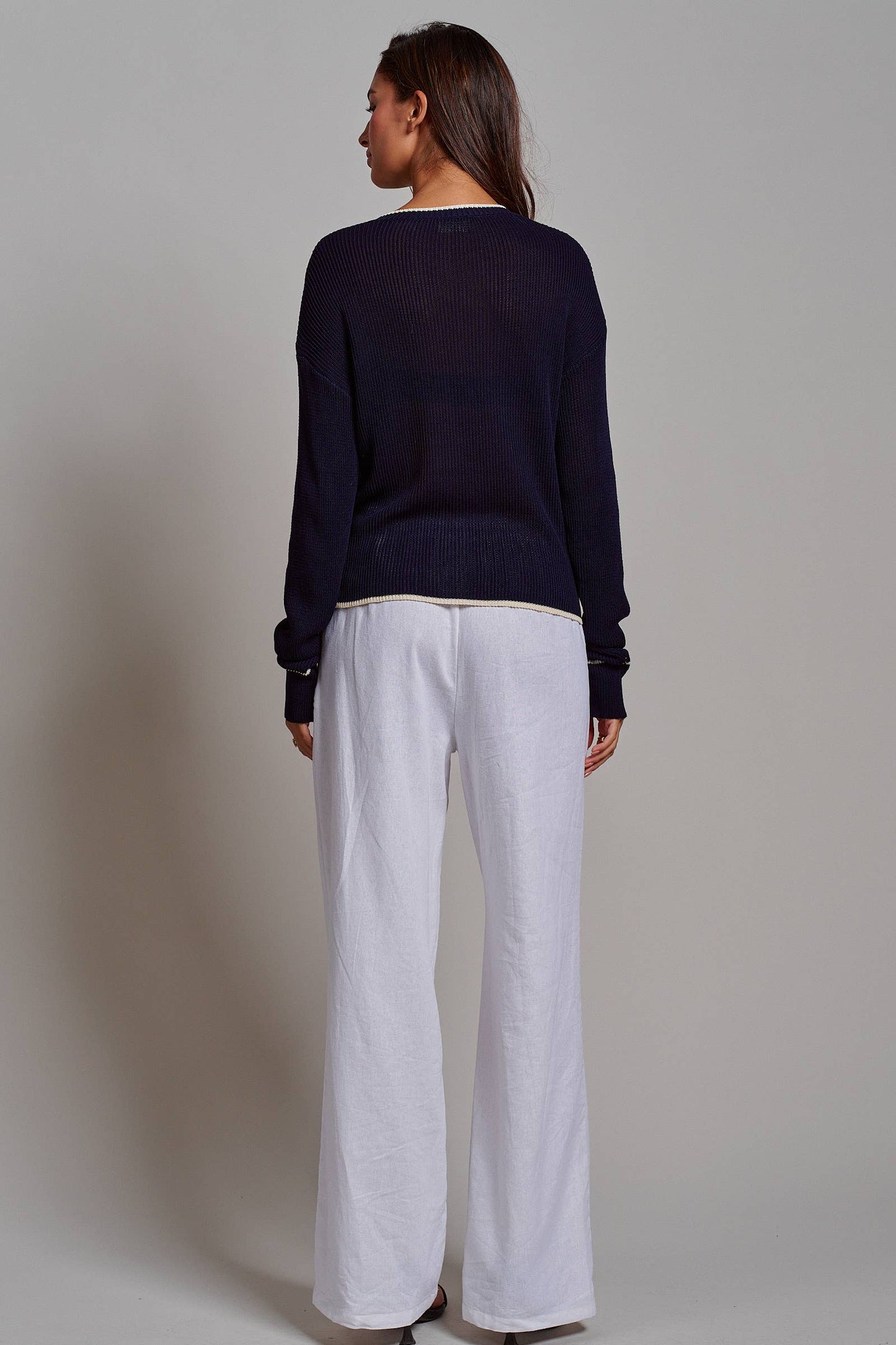 Nautical Anchor V-Neck Knit Top Contrast Trim