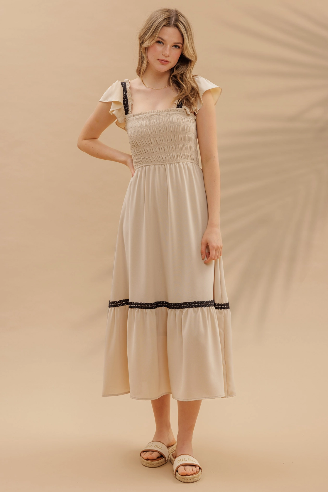 Contrast Detail Smocked Ruffle Midi Dress