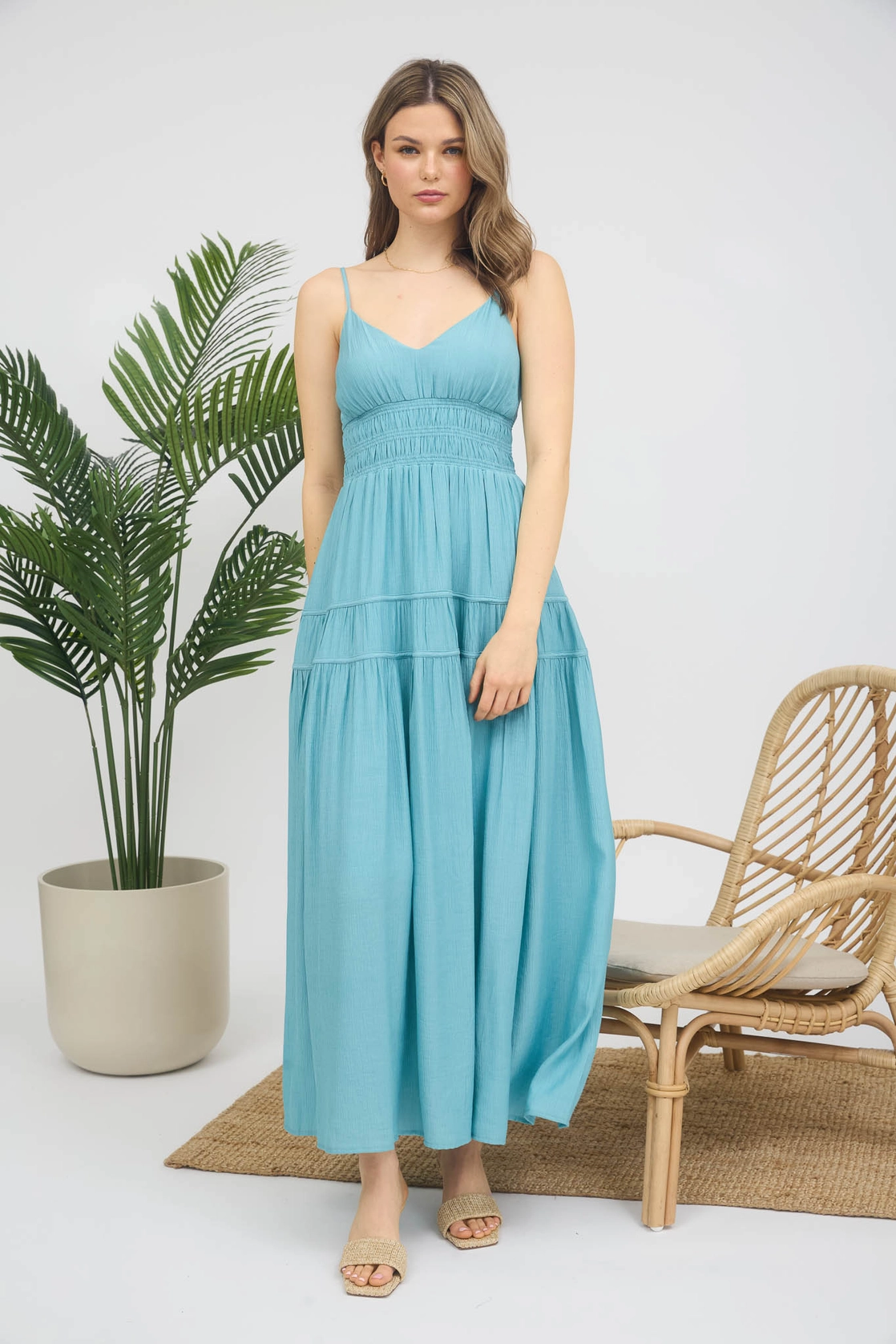 V Neck Shirred Waist Sleeveless Midi Dress