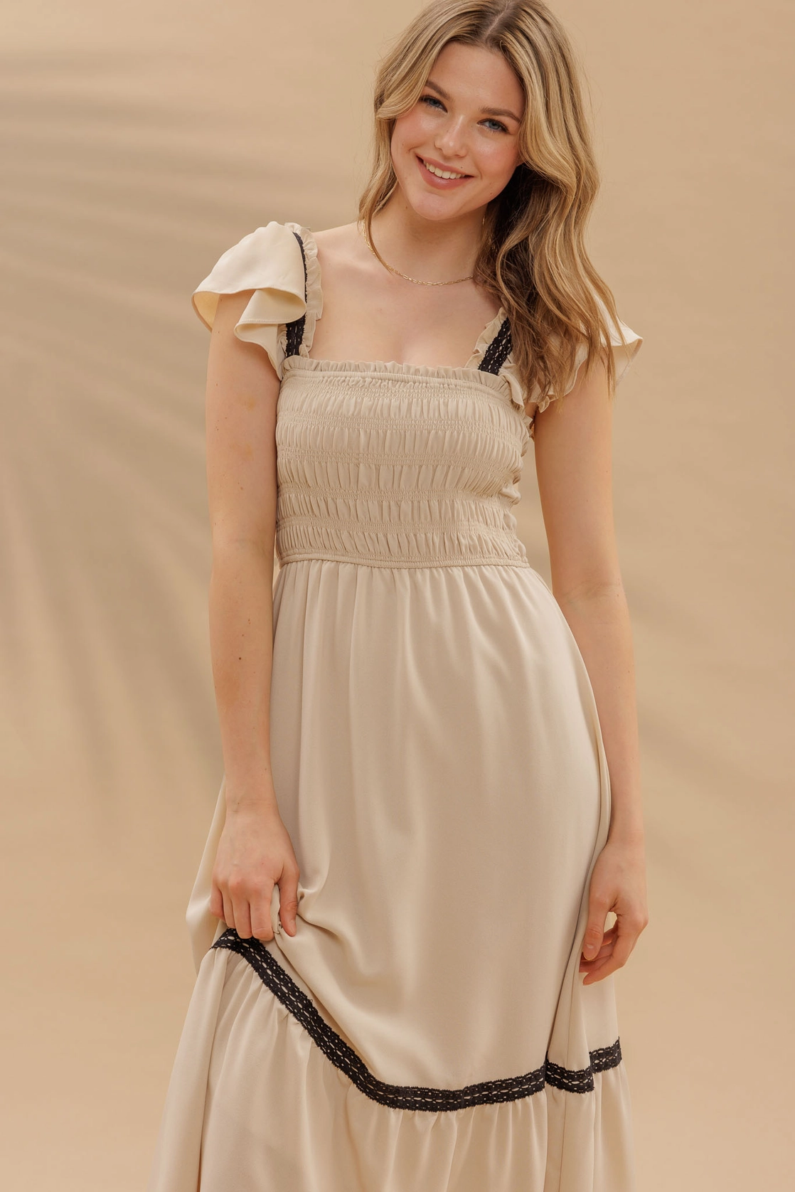 Contrast Detail Smocked Ruffle Midi Dress