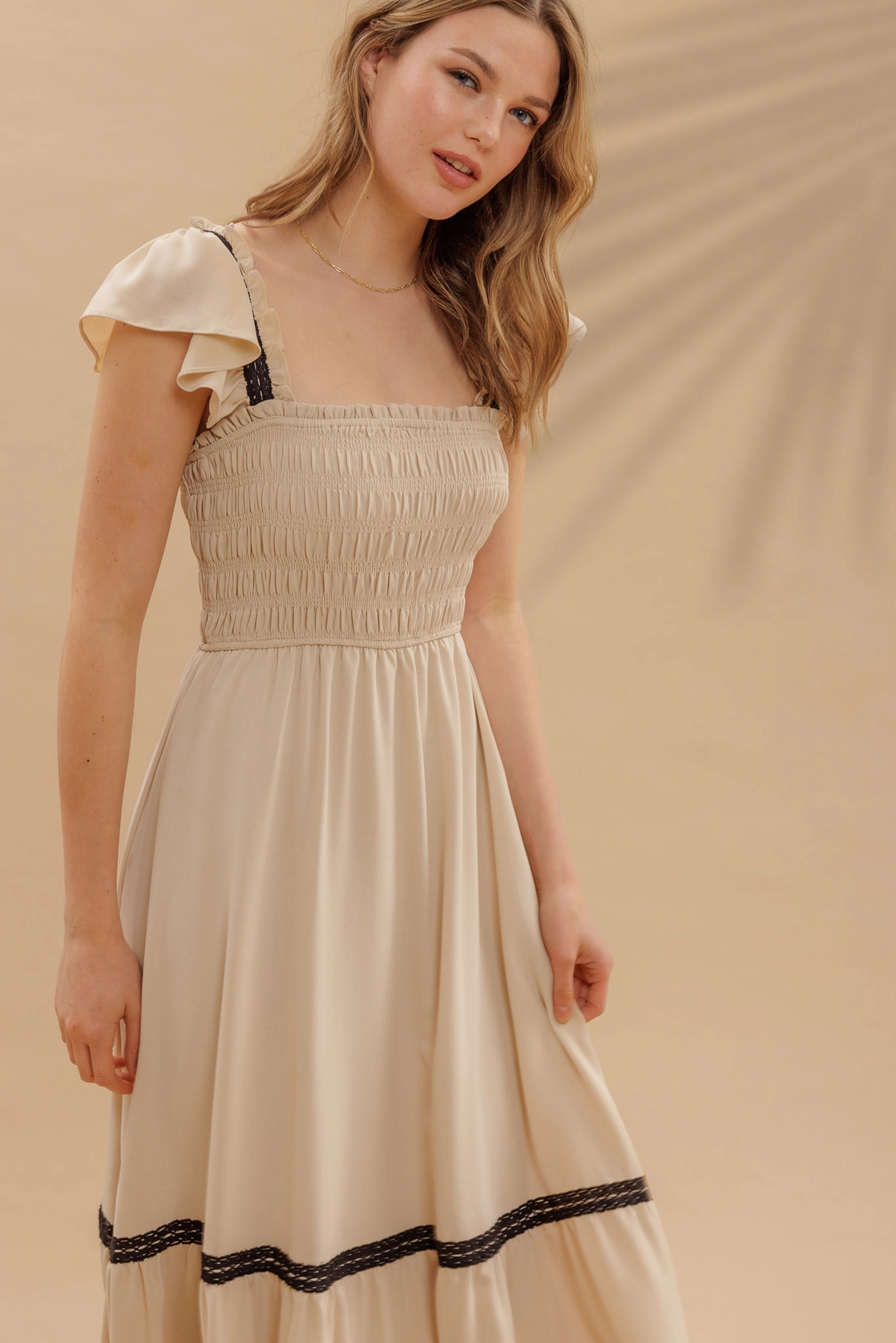 Contrast Detail Smocked Ruffle Midi Dress