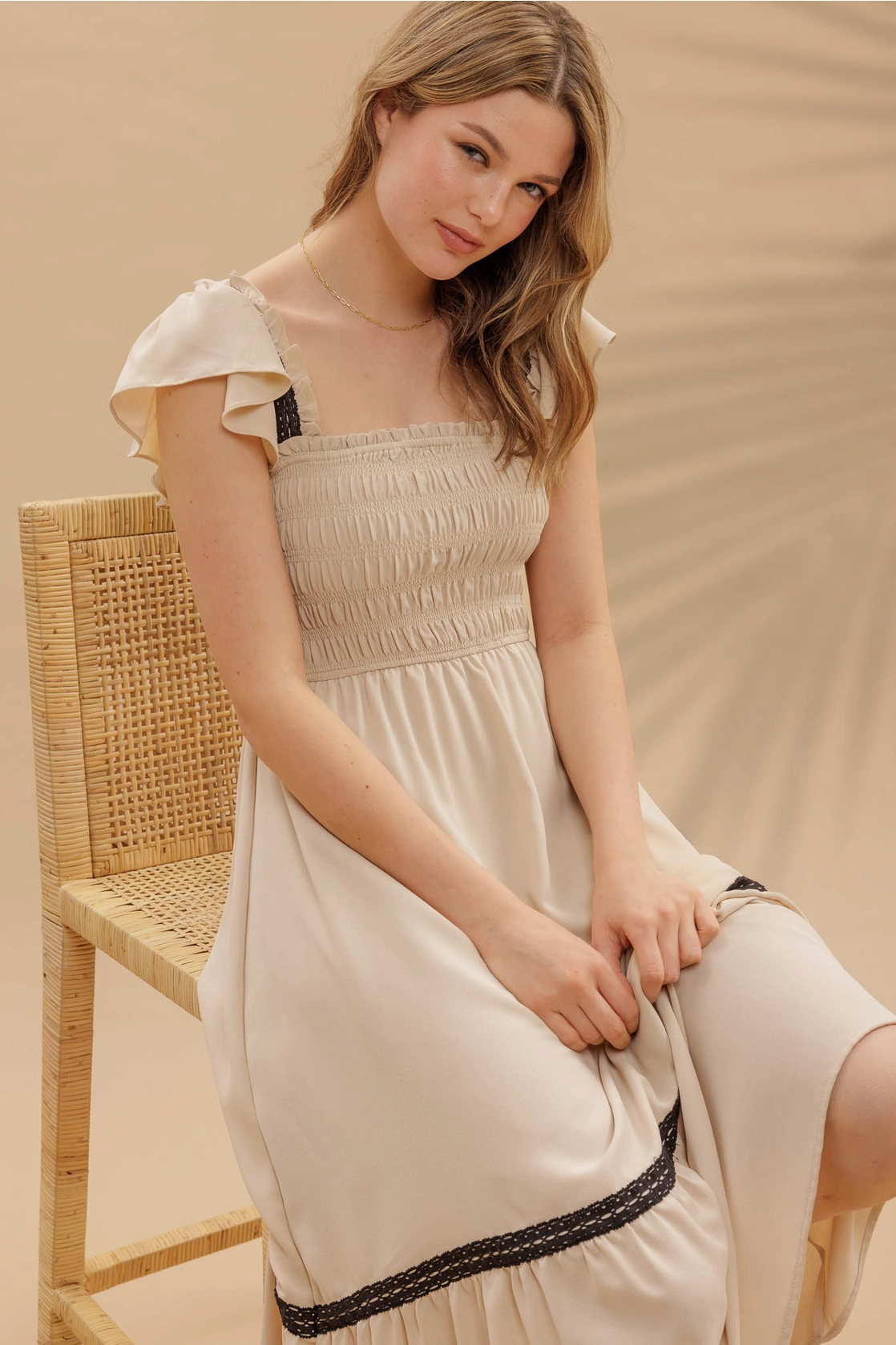 Contrast Detail Smocked Ruffle Midi Dress