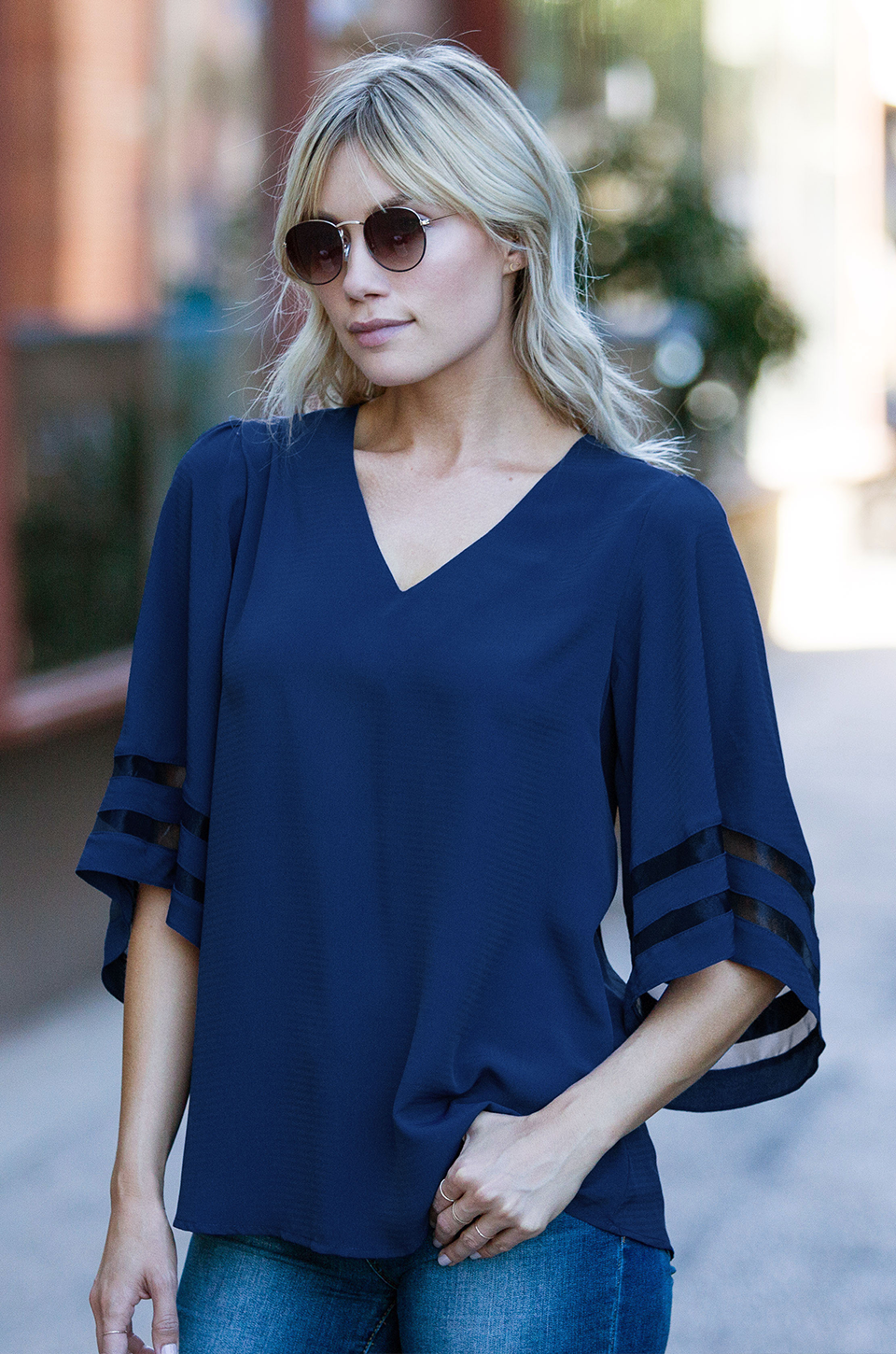 Mesh Inset 3/4 Bell Sleeve Blouse