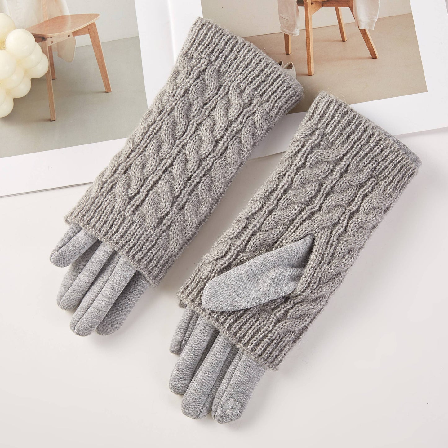 3 in 1 Cable Solid Knit Textured Winter Gloves