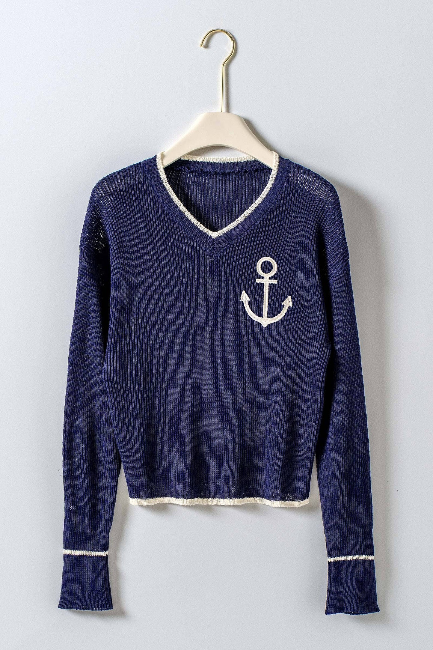 Nautical Anchor V-Neck Knit Top Contrast Trim