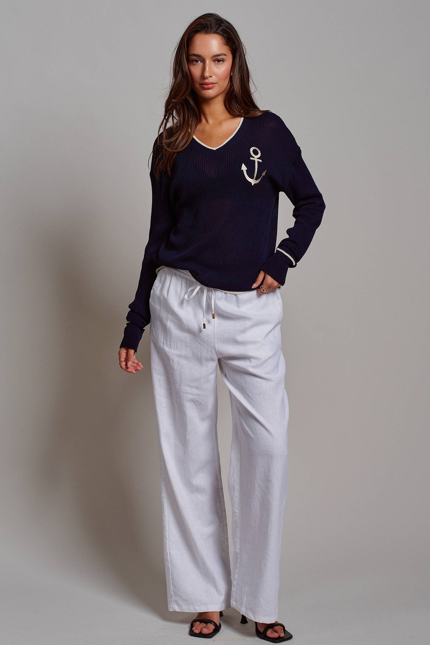 Nautical Anchor V-Neck Knit Top Contrast Trim