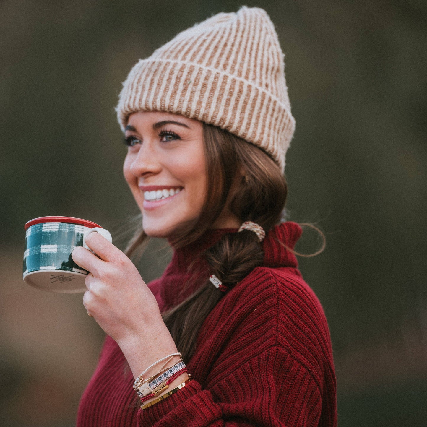 "Peace" Holiday Red & Cream Plaid with Gold Accents Hair Tie Bracelets