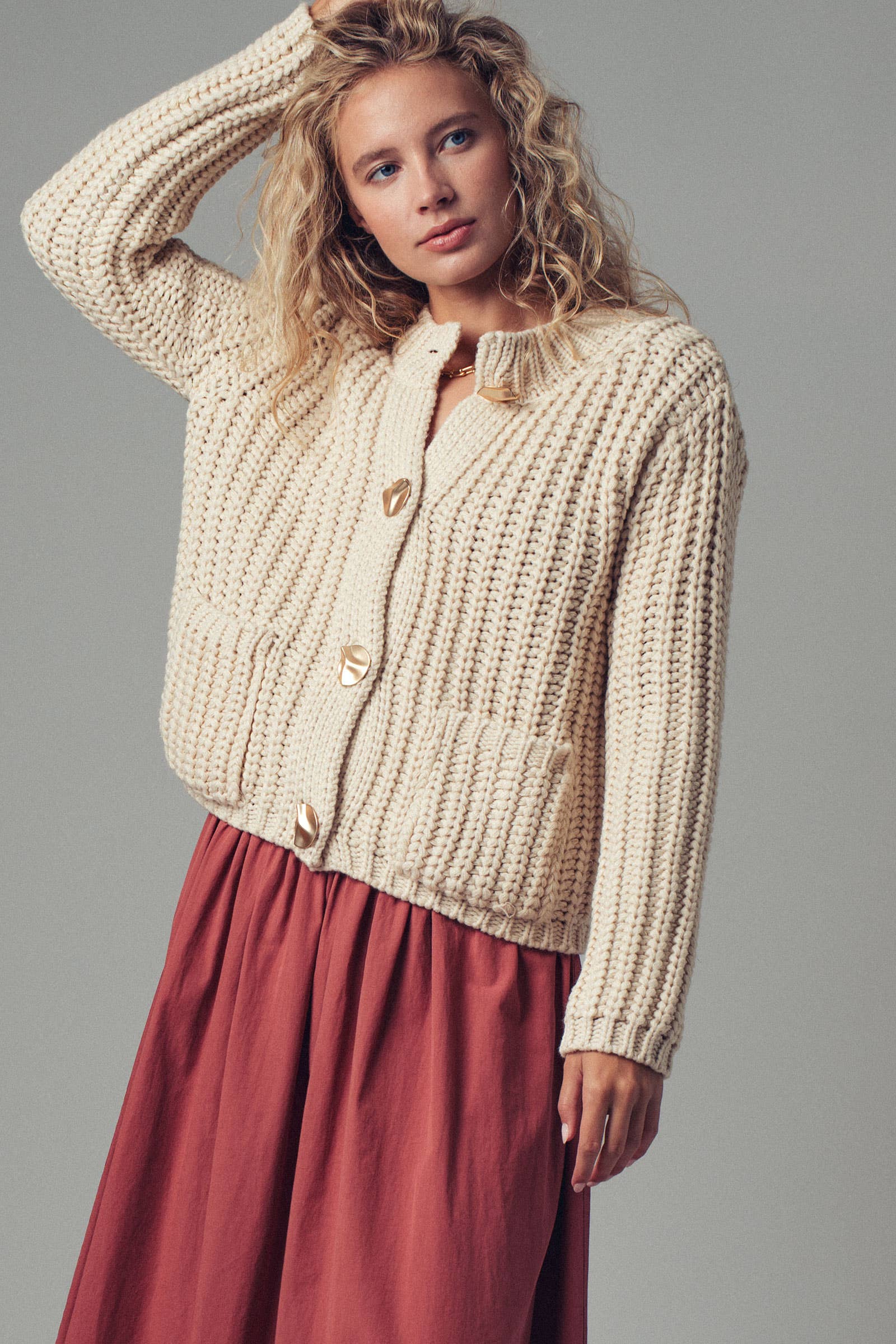 Chunky Gold Button Ribbed Knit Cardigan – La Chic Boutique