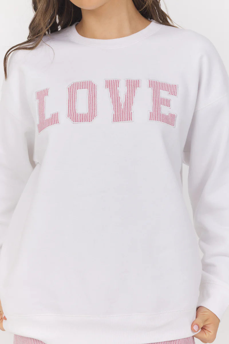 White with Strawberry Stripe "Love" Crewneck