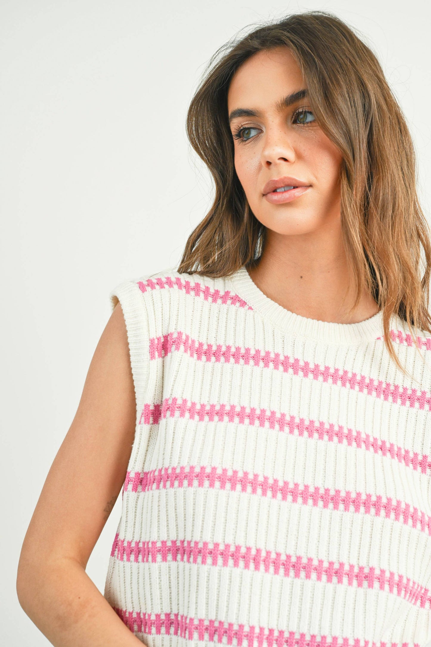 Crew Neck Striped Knit Tank Top