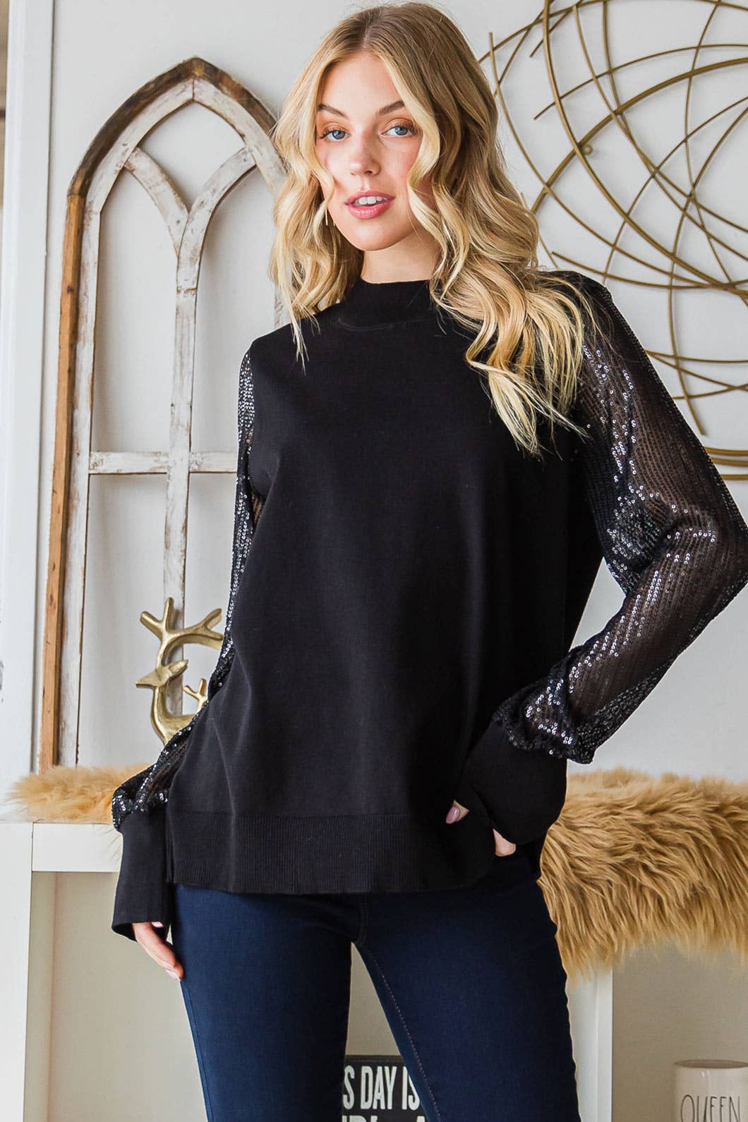 Sequined Sleeve Sweater