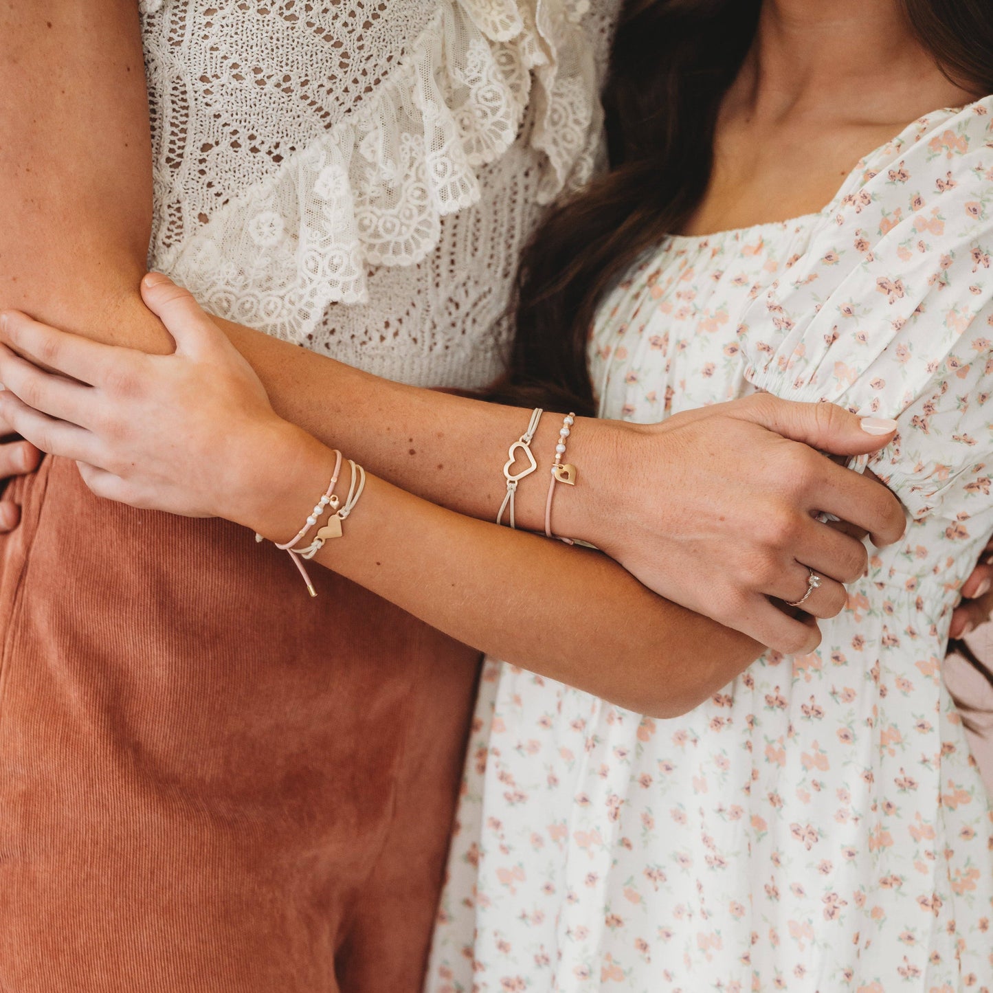 "Mother / Daughter" Pink with Pearls & Gold Hearts Shareable Hair Tie Bracelets