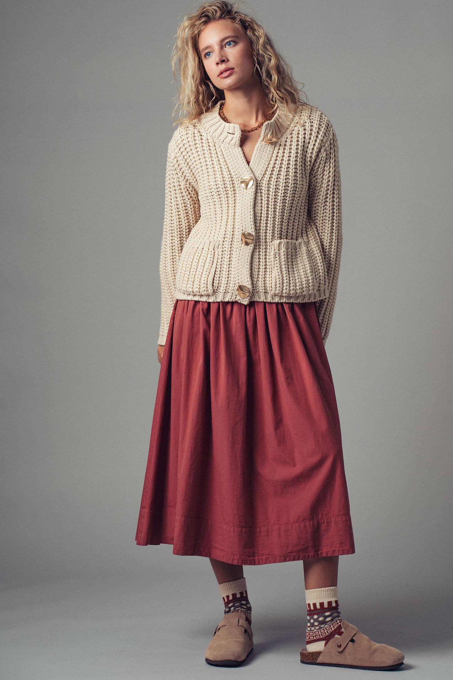 Chunky Gold Button Ribbed Knit Cardigan