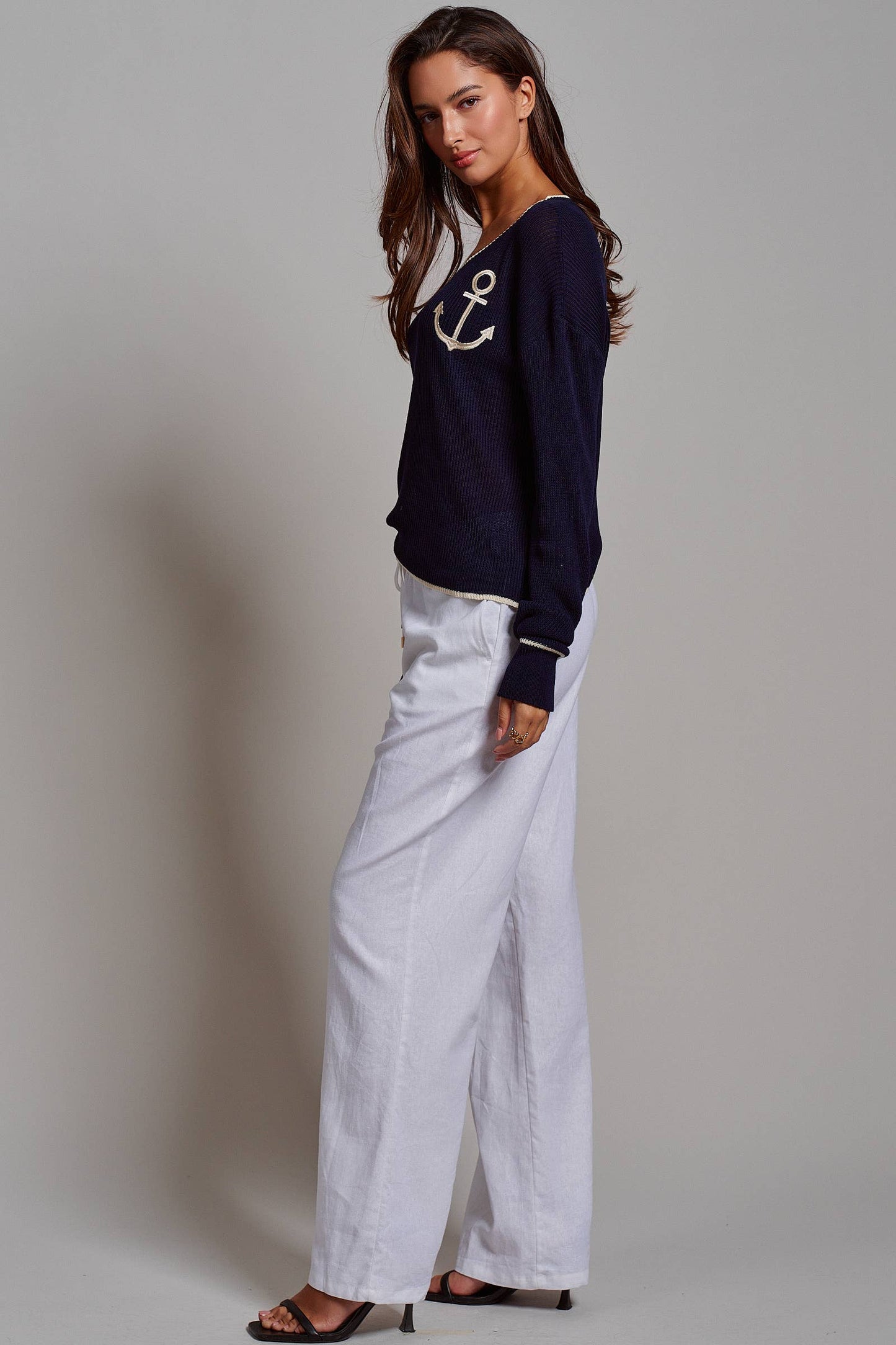 Nautical Anchor V-Neck Knit Top Contrast Trim