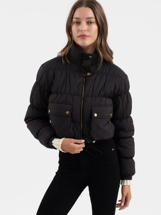 Cropped Zip Up Cargo Puffer Jacket