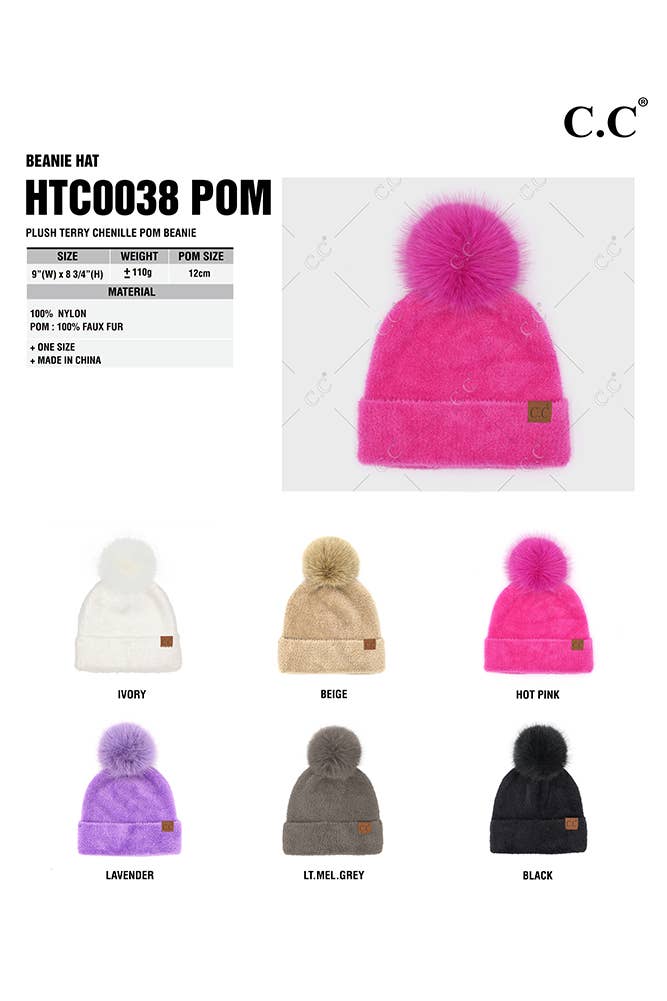C.C Plush Terry Chenille Pom Beanie Winter Hat