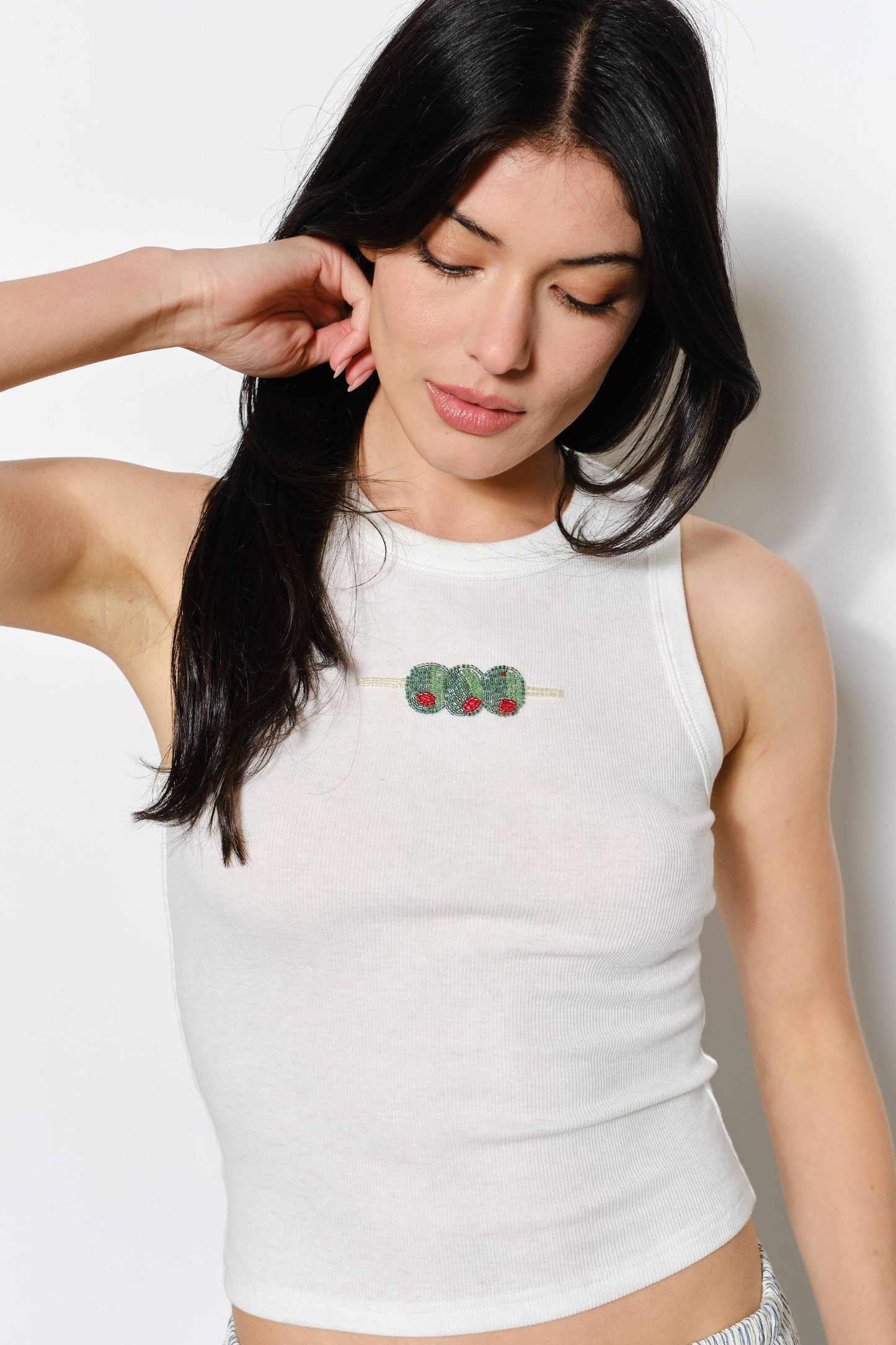 OZZY OLIVE BEAD EMBROIDERY TANK