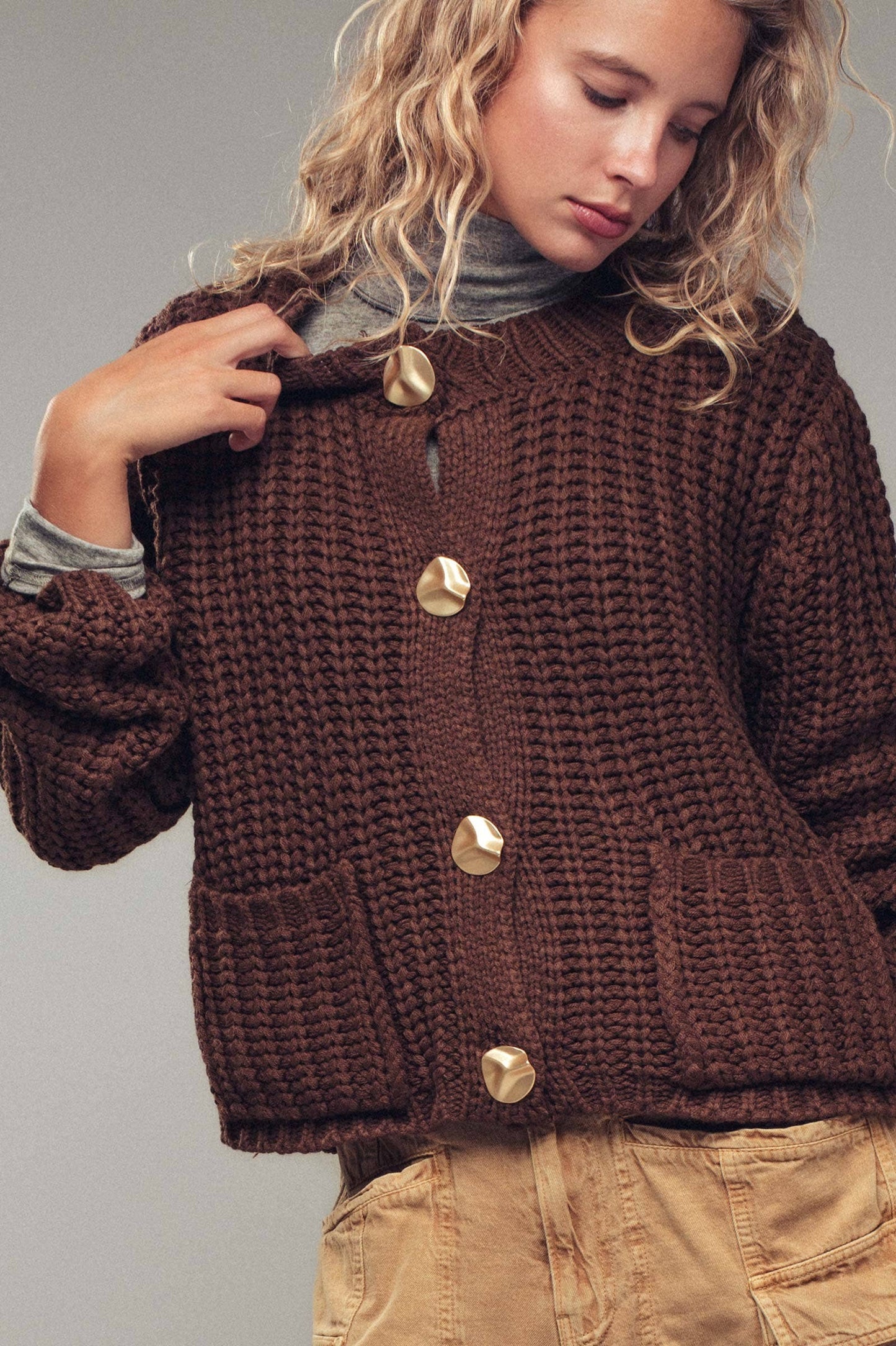 Chunky Gold Button Ribbed Knit Cardigan