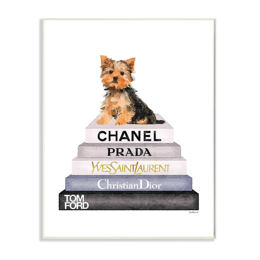 Book Stack Yorkie Dog Glam Watercolor Wall Plaque