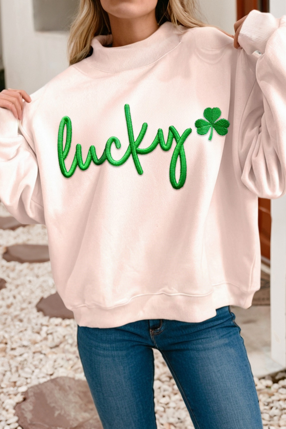LDC Lucky Embroidered Mock Neck Sweatshirt