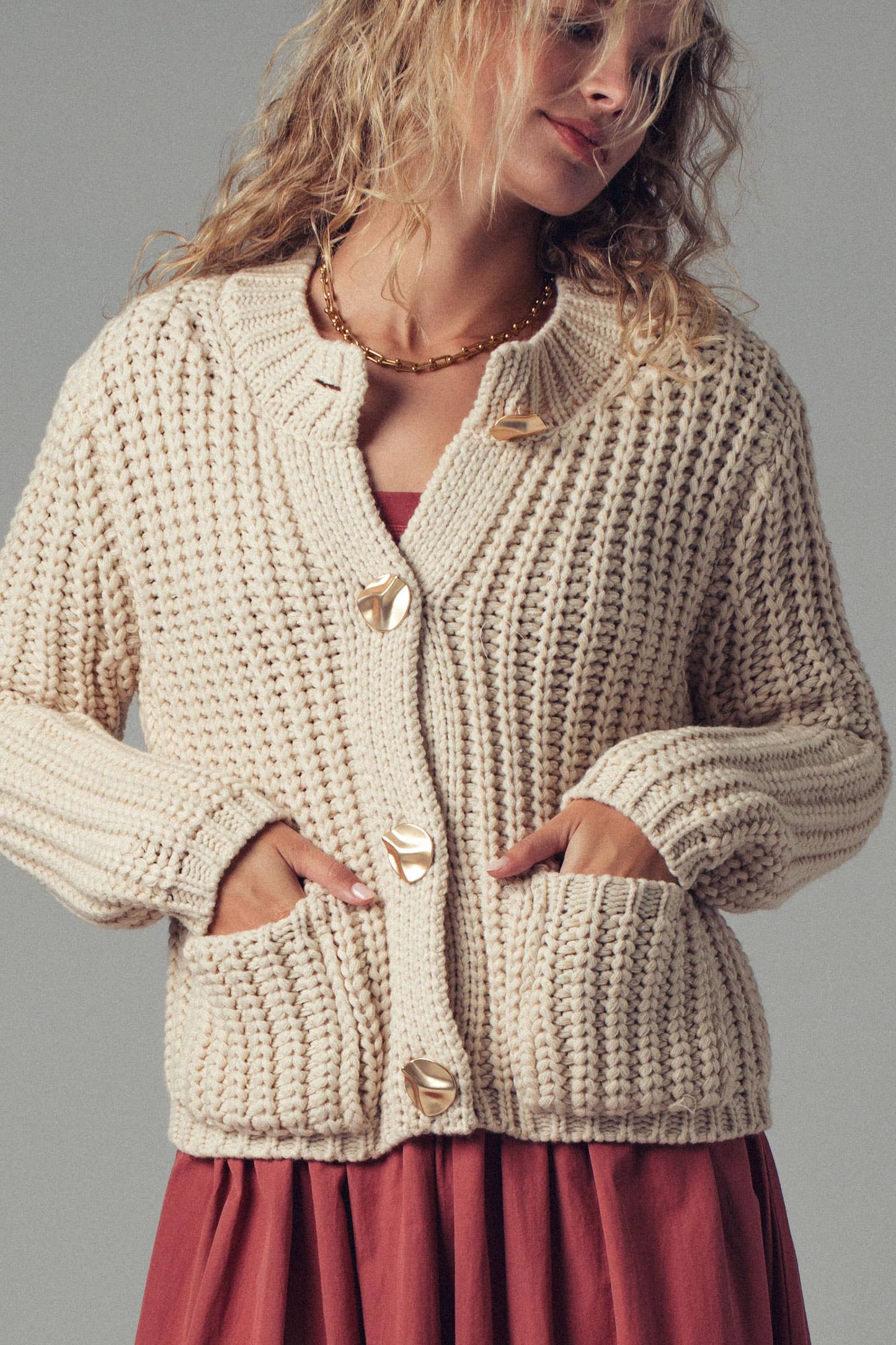 Chunky Gold Button Ribbed Knit Cardigan