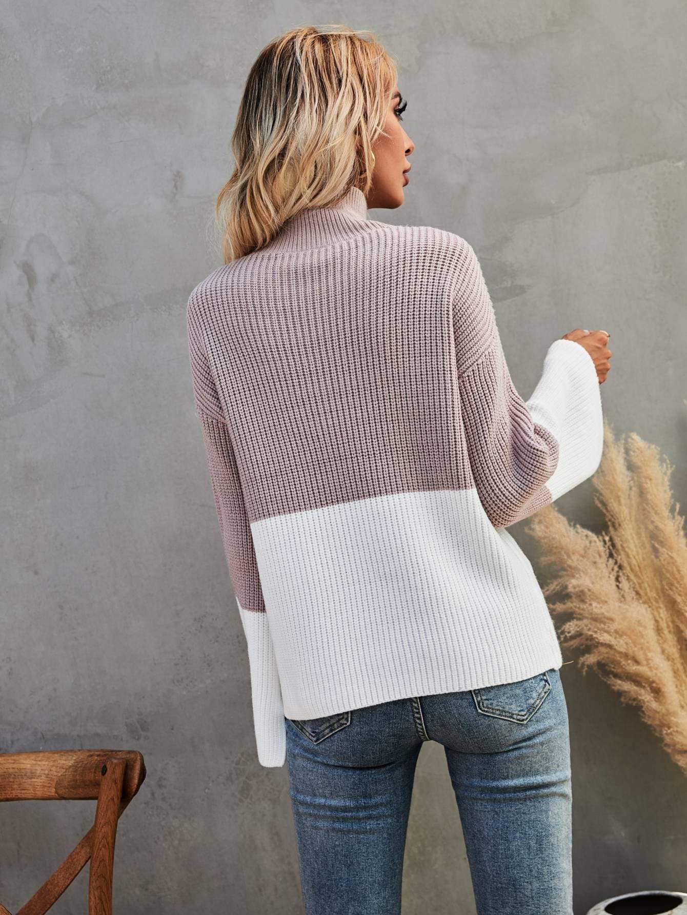 Colorblock side split high neck sweater