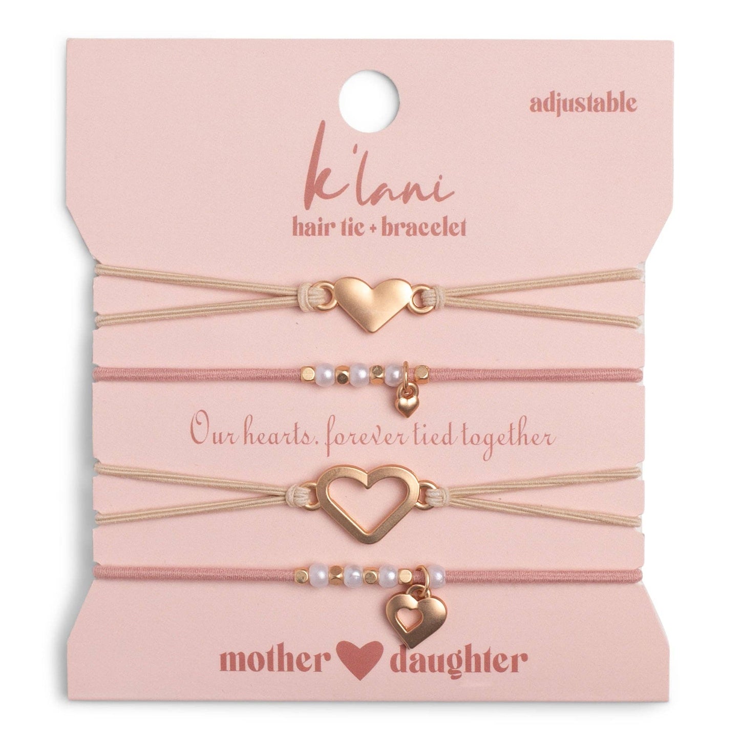"Mother / Daughter" Pink with Pearls & Gold Hearts Shareable Hair Tie Bracelets