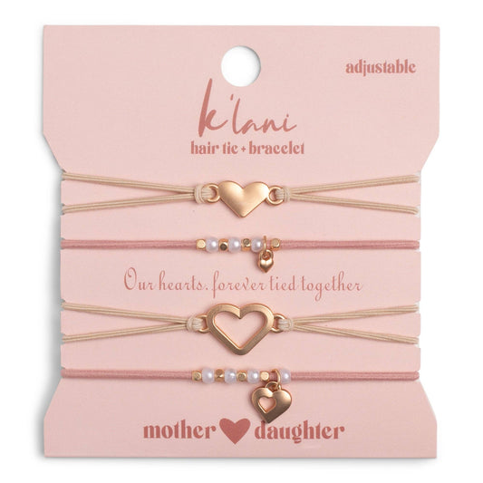 "Mother / Daughter" Pink with Pearls & Gold Hearts Shareable Hair Tie Bracelets