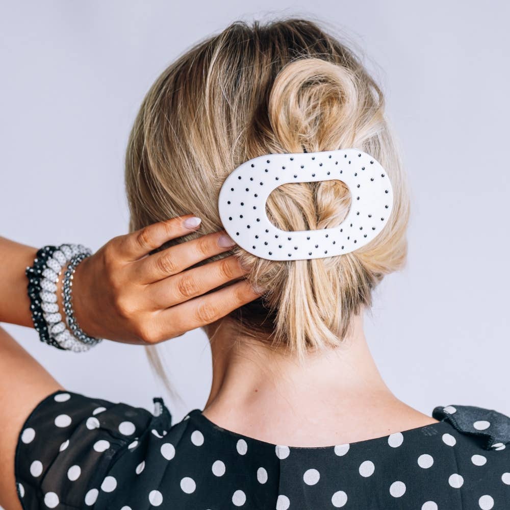 Flat Round | White Polka Dot Party | Large Hair Clip