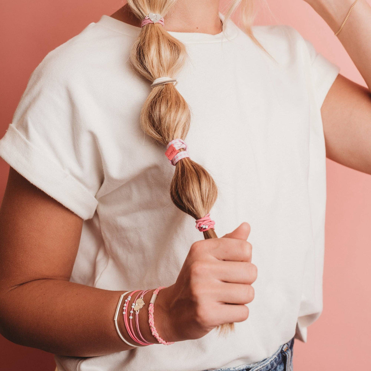 "Hope" Silver & Pink Breast Cancer Awareness Hair Tie Bracelets