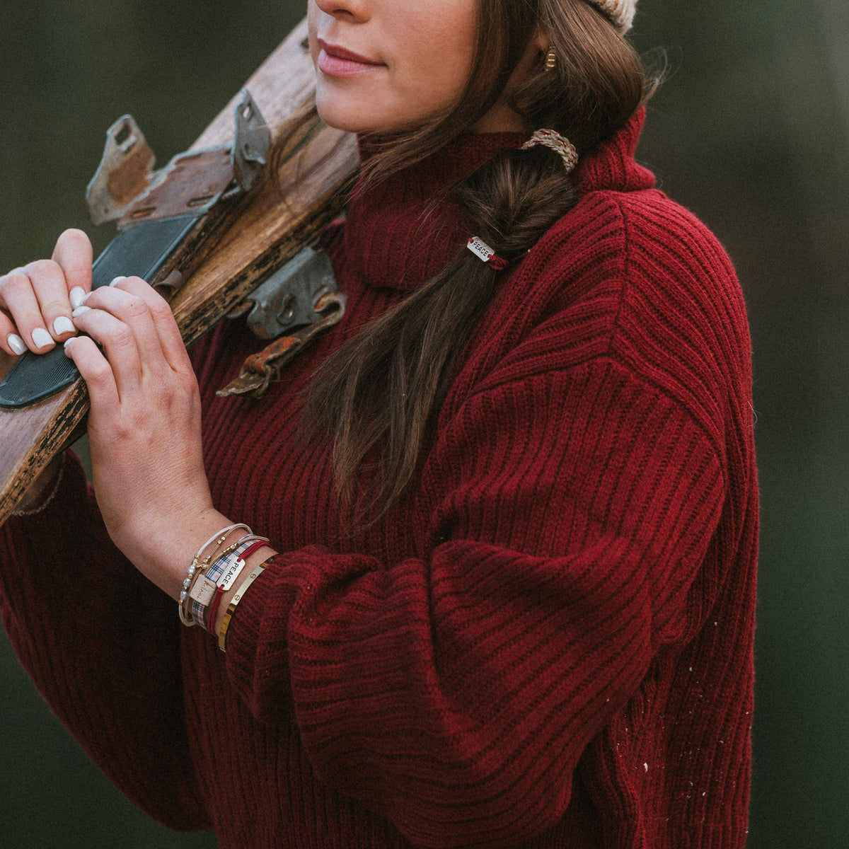 "Peace" Holiday Red & Cream Plaid with Gold Accents Hair Tie Bracelets