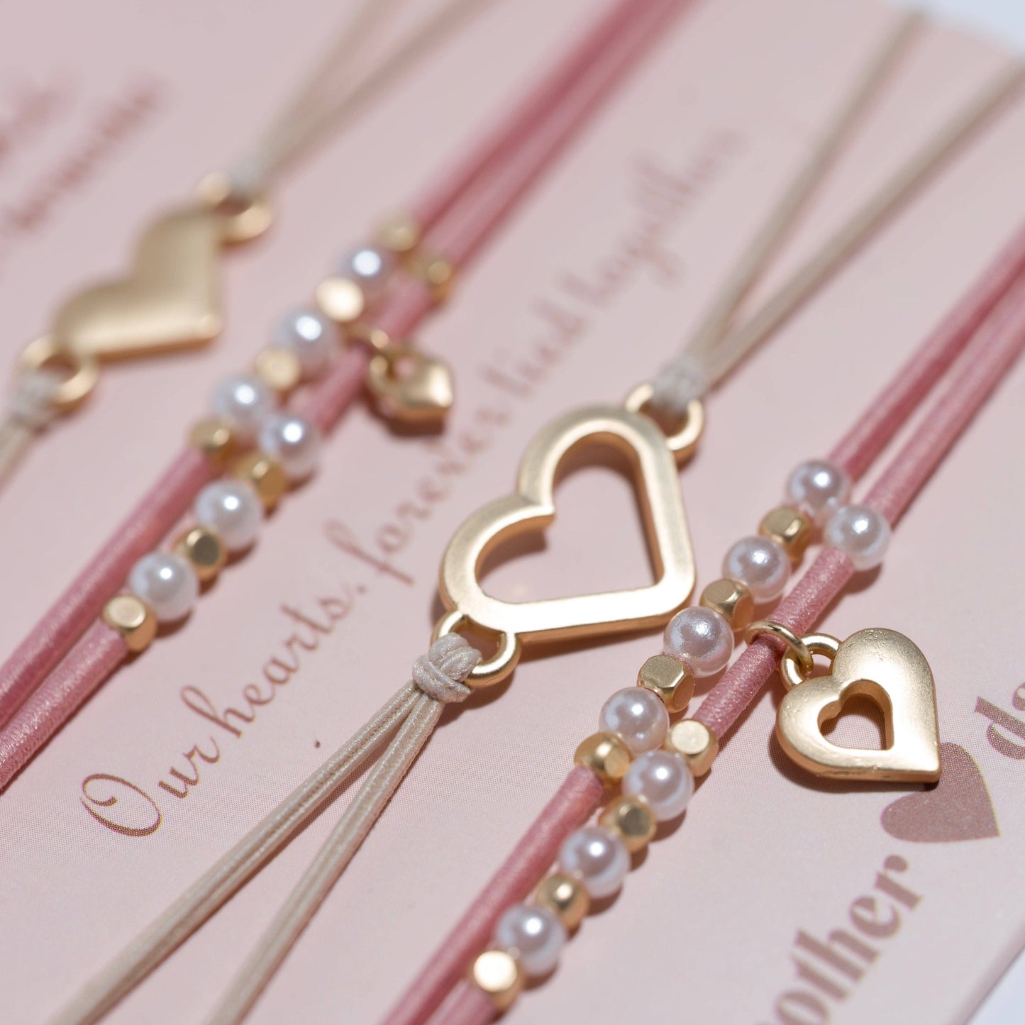 "Mother / Daughter" Pink with Pearls & Gold Hearts Shareable Hair Tie Bracelets