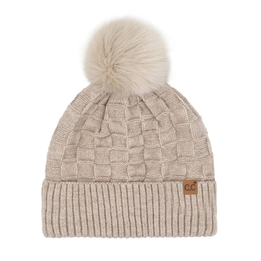 Woven Checkered Texture Pom C.C Beanie