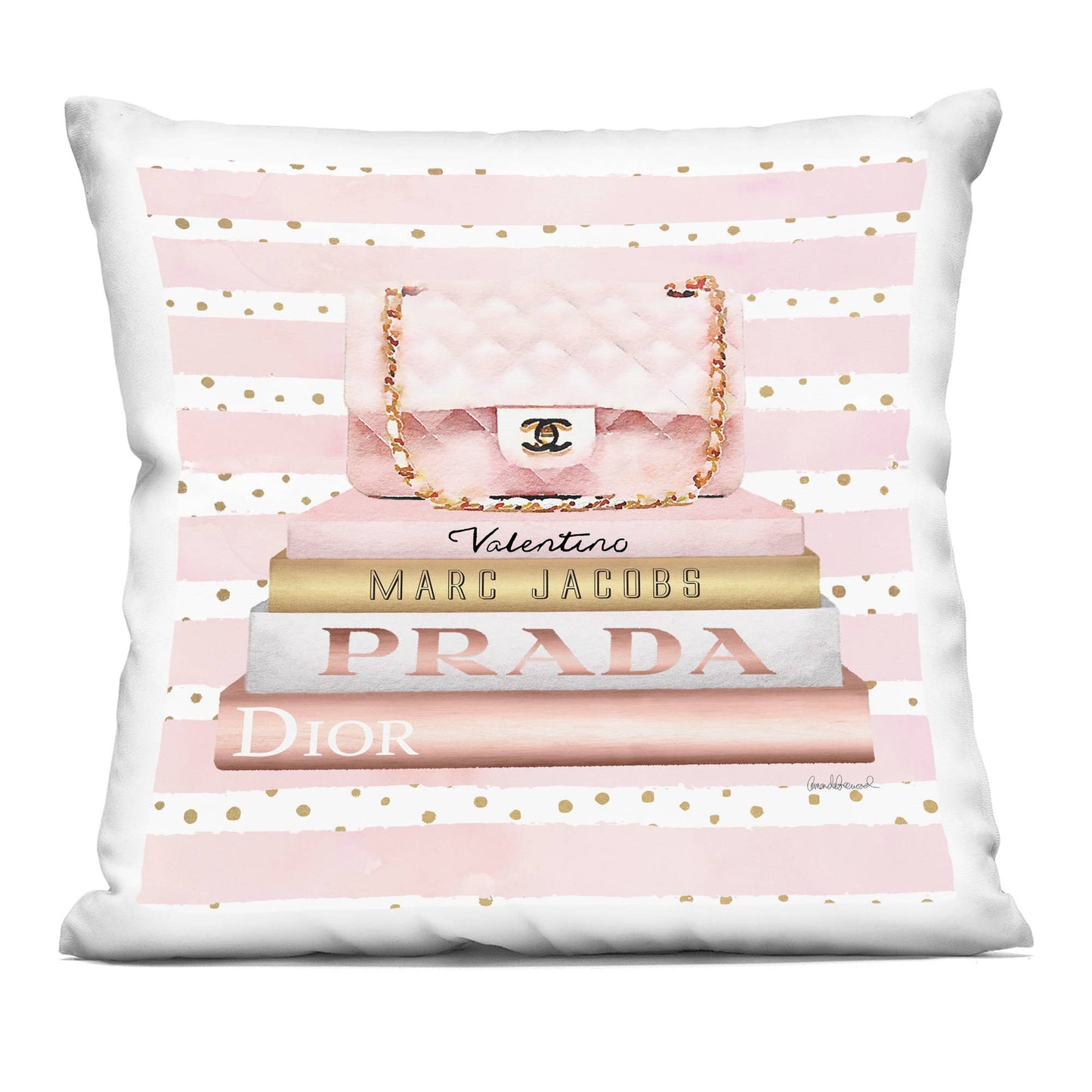 Pink Designer Bag on Fashion Bookstack Printed Pillow