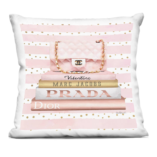 Pink Designer Bag on Fashion Bookstack Printed Pillow