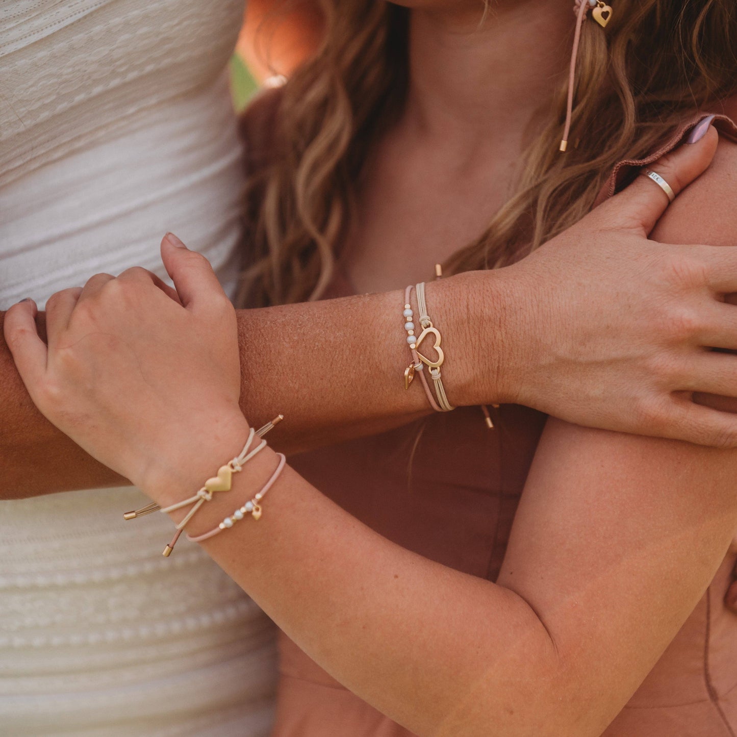 "Mother / Daughter" Pink with Pearls & Gold Hearts Shareable Hair Tie Bracelets