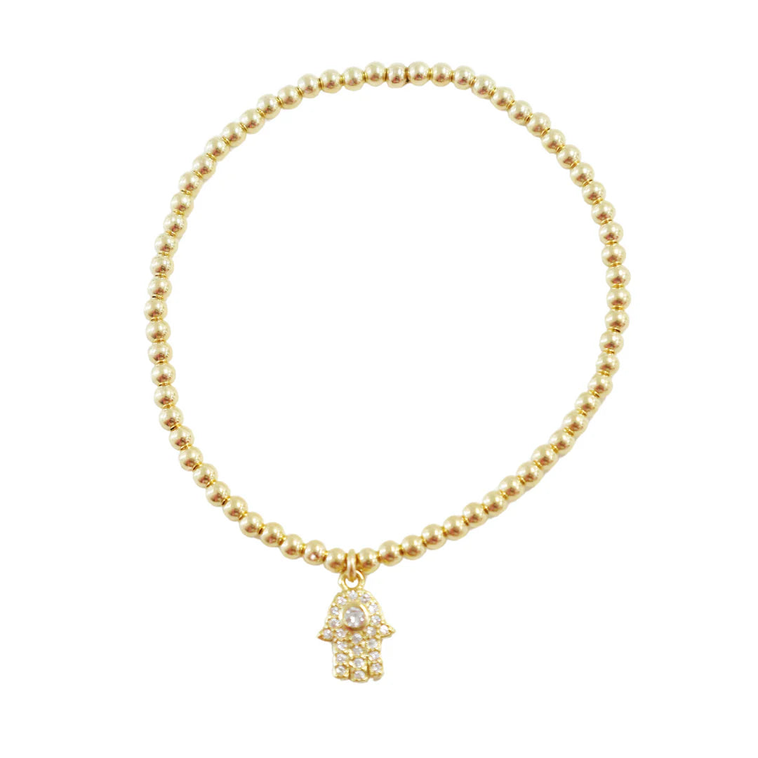 Hamsa Solitaire" CZ Charm Gold Filled Ball Bead Bracelet