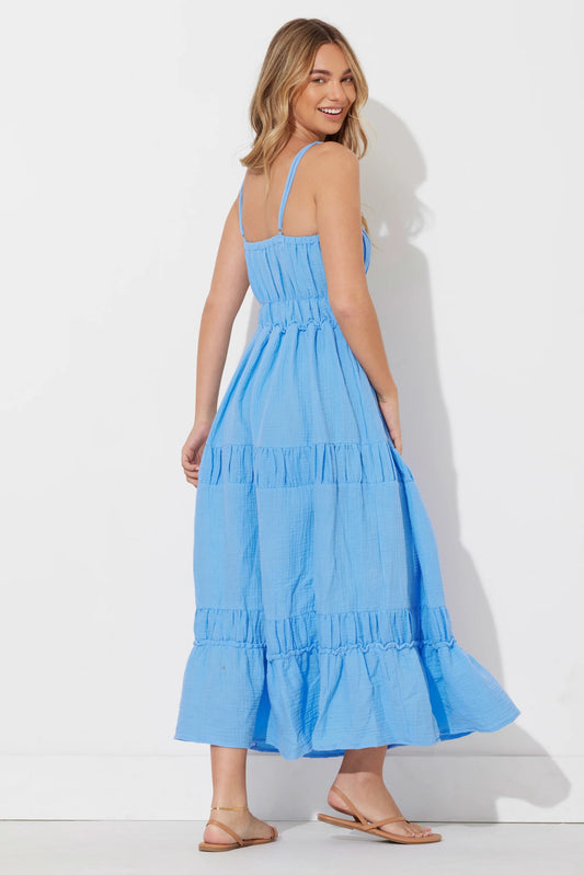 Ocean Blue Solid Gauze Maxi Dress