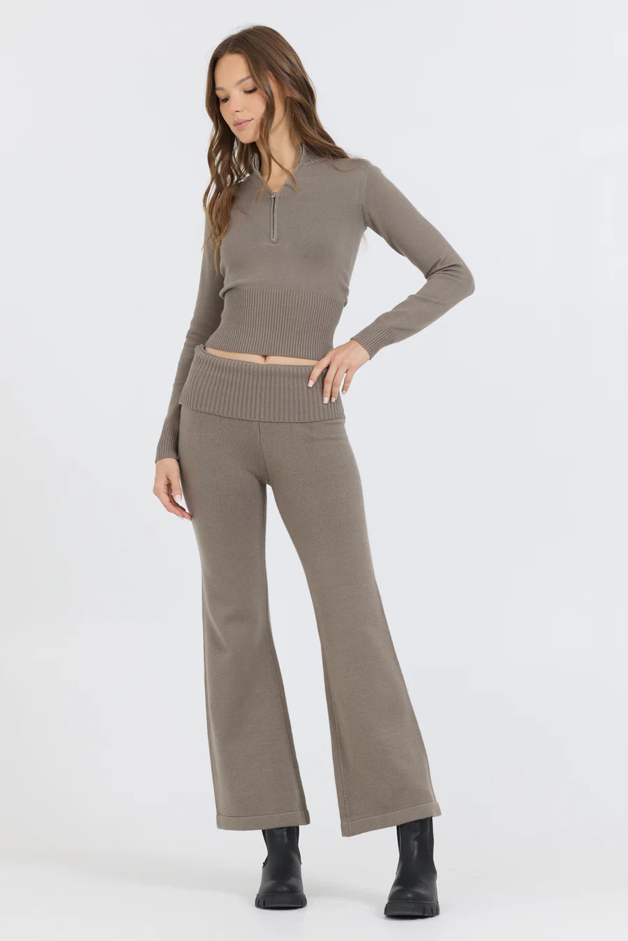 Slim Fit Knit Fold Over Flare Pant