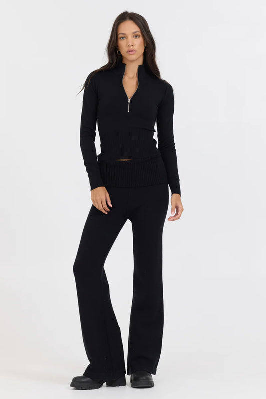 Slim Fit Knit Fold Over Flare Pant - Black