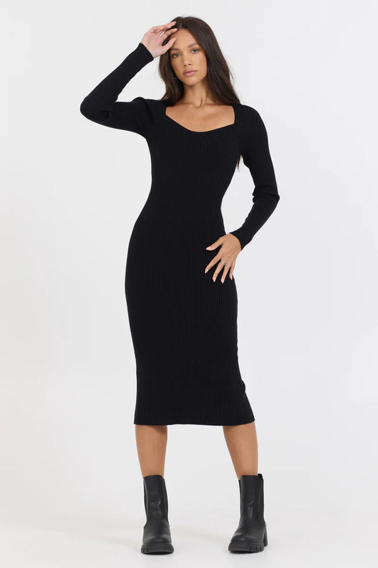 Black Fitted Rib Knit Midi Dress