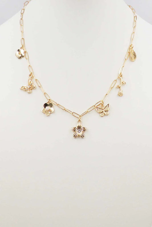 Gold Flower and Butterfly Charm Necklace