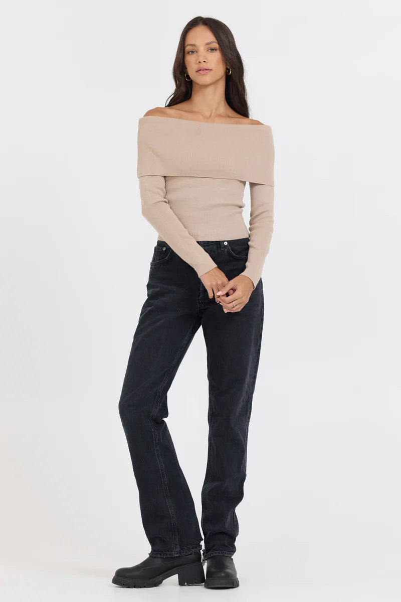 Heather Oatmeal Off Shoulder Sweater